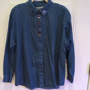Capacity Woman Blue Denim Christmas Themed Button Up Shirt